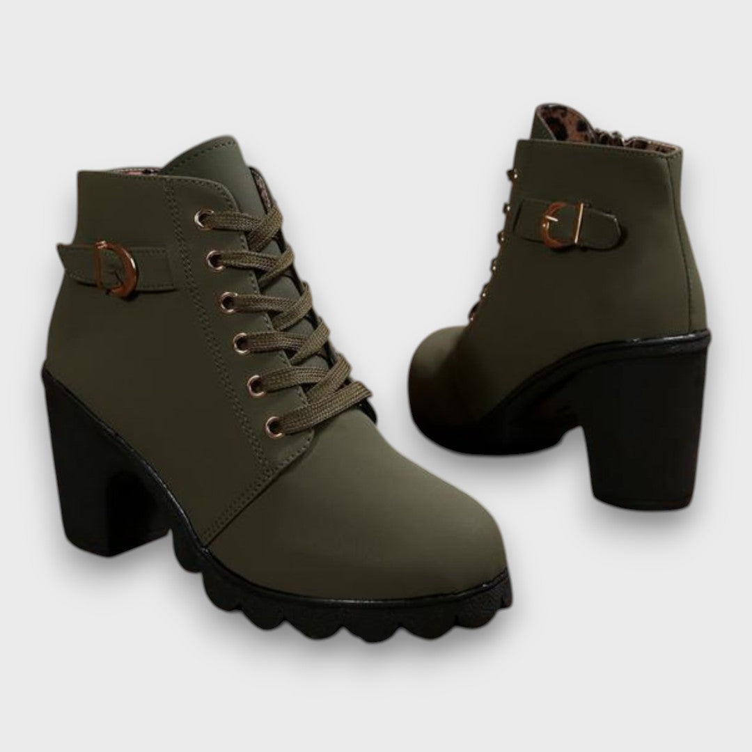 Ardeline Lace-Up Buckle Block-Heel Ankle Boots