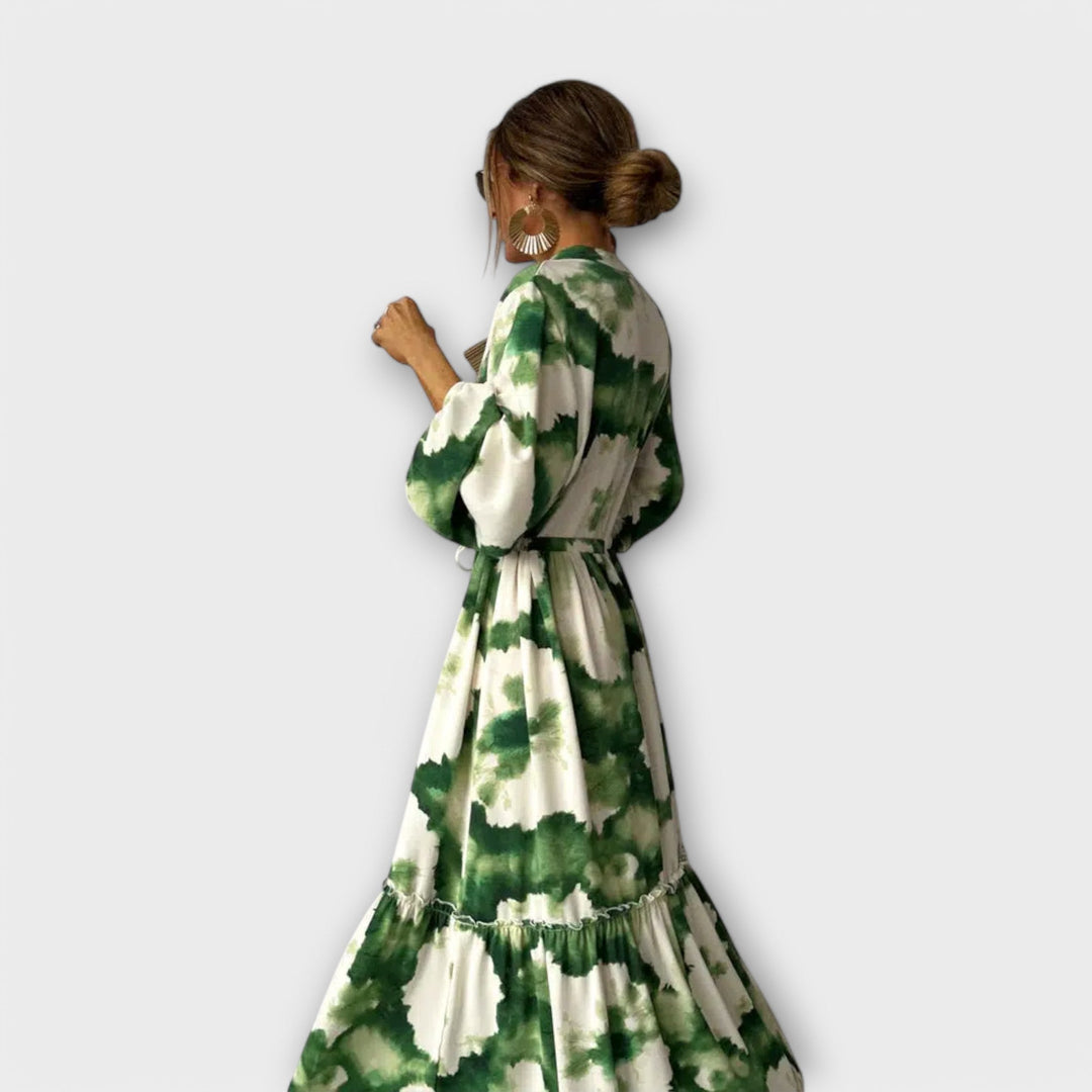 Melina | Green Maxi Dress with Long Sleeves and V-Neck