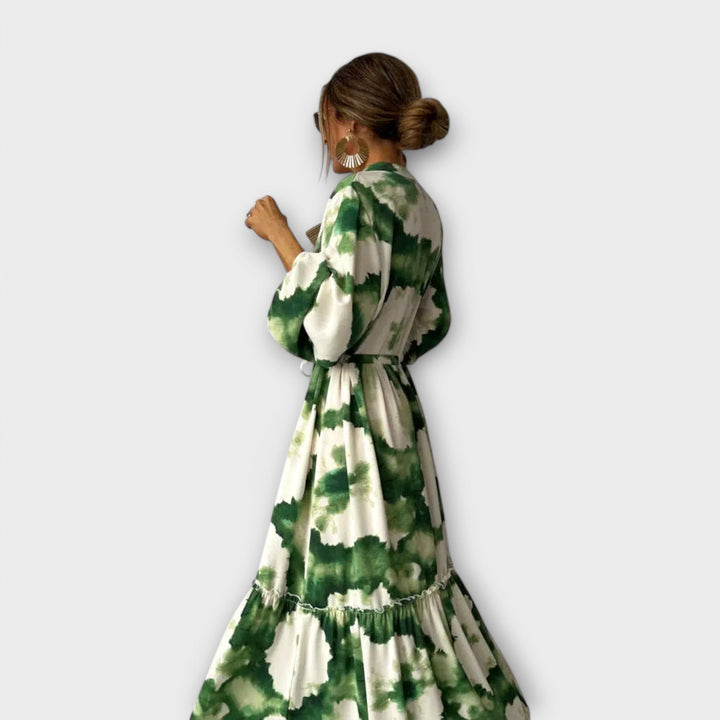 Melina | Green Maxi Dress with Long Sleeves and V-Neck