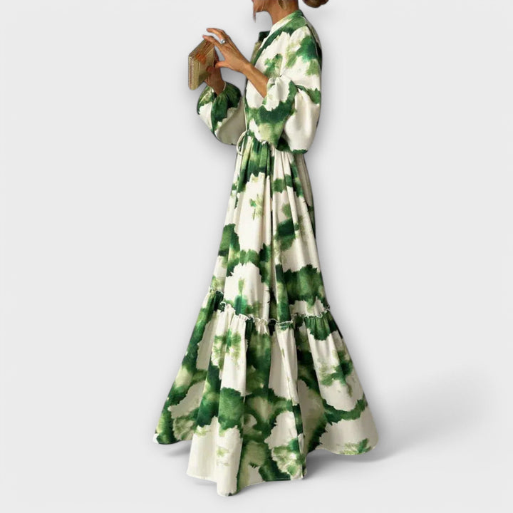 Melina | Green Maxi Dress with Long Sleeves and V-Neck